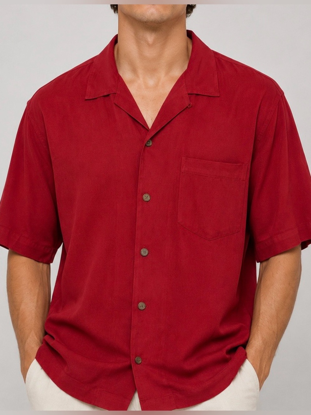 100% Silk Three Palm Brand XL Red Button Front Solid Mens Shirt Hawaii Aloha Top